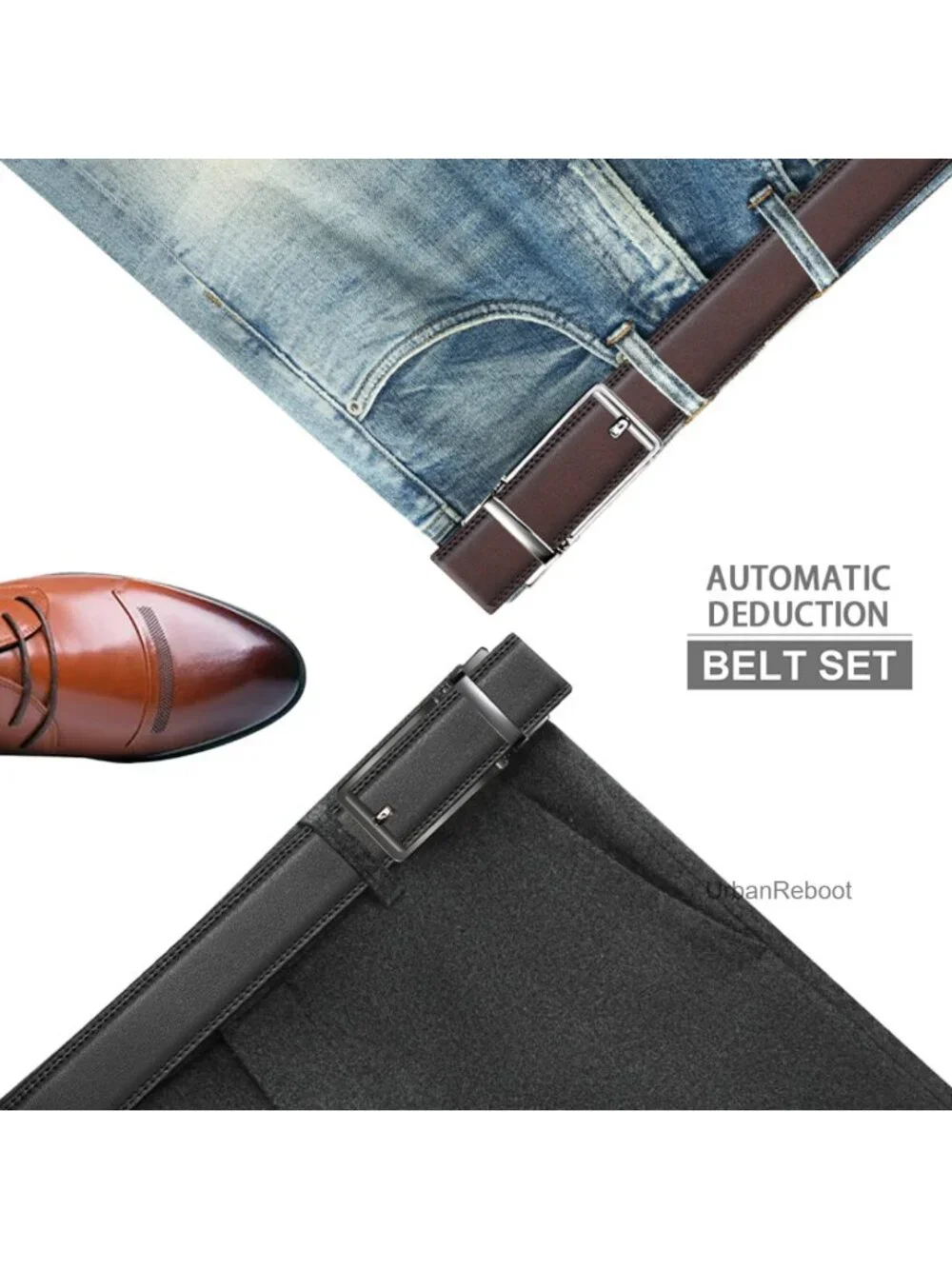 Men's Ratchet Leather Dress Belt, Adjustable Slide Buckle, 1 3/8